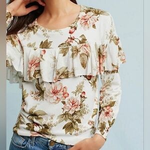 Harlyn Anthropologie Floral Printed Ruffle Sweater Ivory.